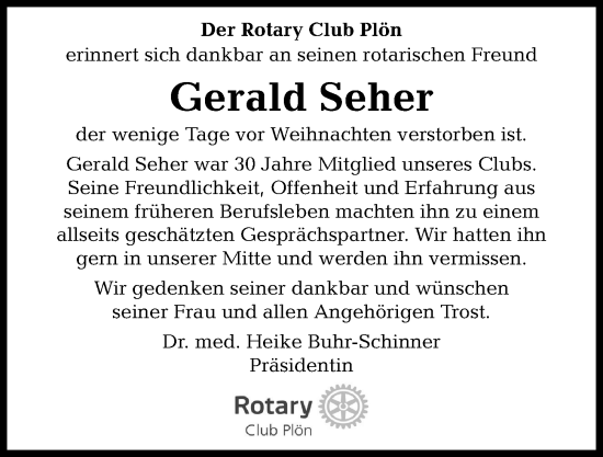 Traueranzeige von Gerald Seher von Kieler Nachrichten