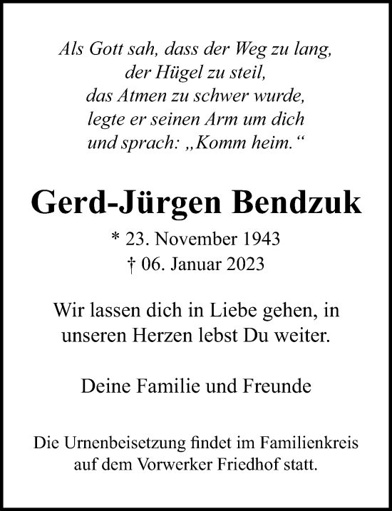 Traueranzeige von Gerd-Jürgen Bendzuk von Lübecker Nachrichten