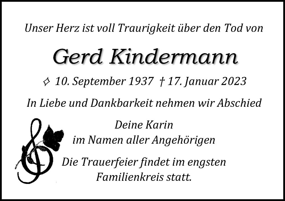  Traueranzeige für Gerd Kindermann vom 21.01.2023 aus Ostsee-Zeitung GmbH