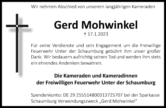 Traueranzeige von Gerd Mohwinkel von Schaumburger Nachrichten