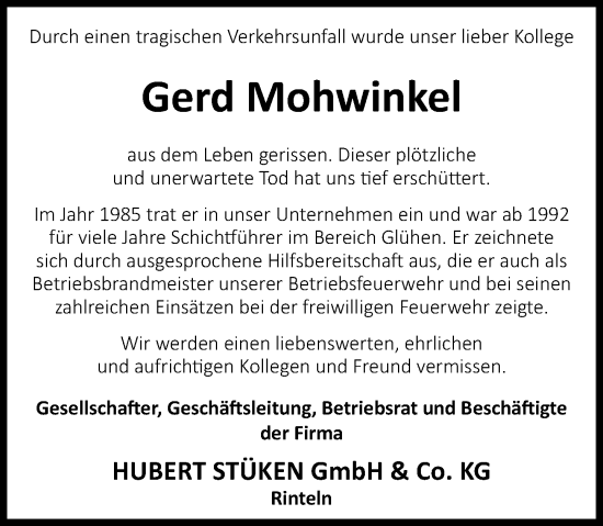 Traueranzeige von Gerd Mohwinkel von Schaumburger Nachrichten
