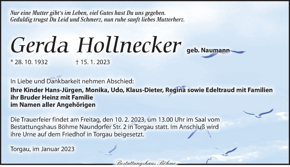 Traueranzeige für Gerda Hollnecker vom 21.01.2023 aus Torgauer Zeitung