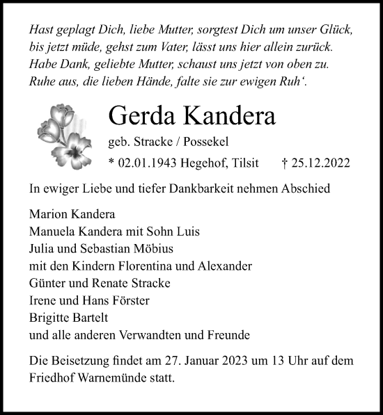 Traueranzeige von Gerda Kandera von Ostsee-Zeitung GmbH