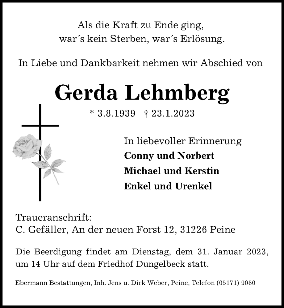  Traueranzeige für Gerda Lehmberg vom 28.01.2023 aus Peiner Allgemeine Zeitung