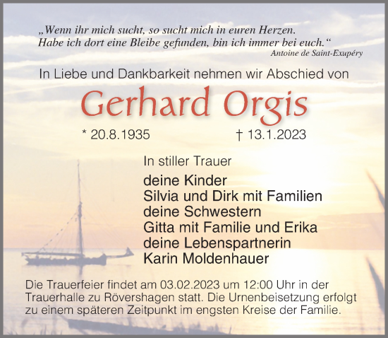 Traueranzeige von Gerhard Orgis von Ostsee-Zeitung GmbH