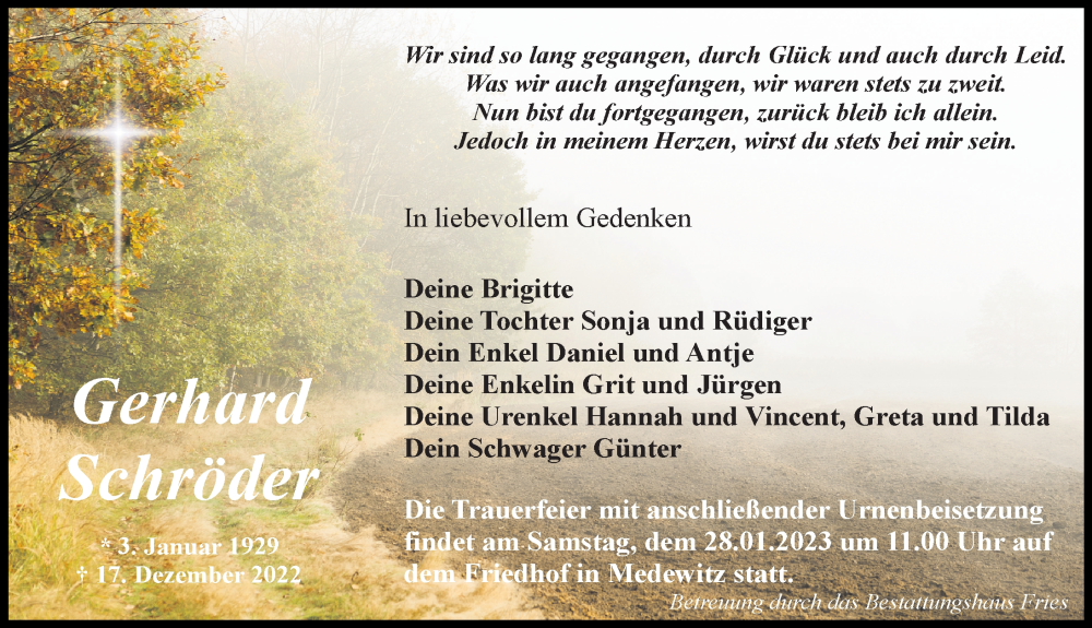  Traueranzeige für Gerhard Schröder vom 14.01.2023 aus Märkischen Allgemeine Zeitung
