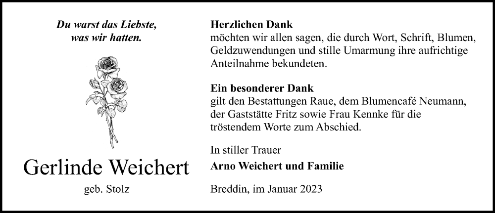  Traueranzeige für Gerlinde Weichert vom 28.01.2023 aus Märkischen Allgemeine Zeitung