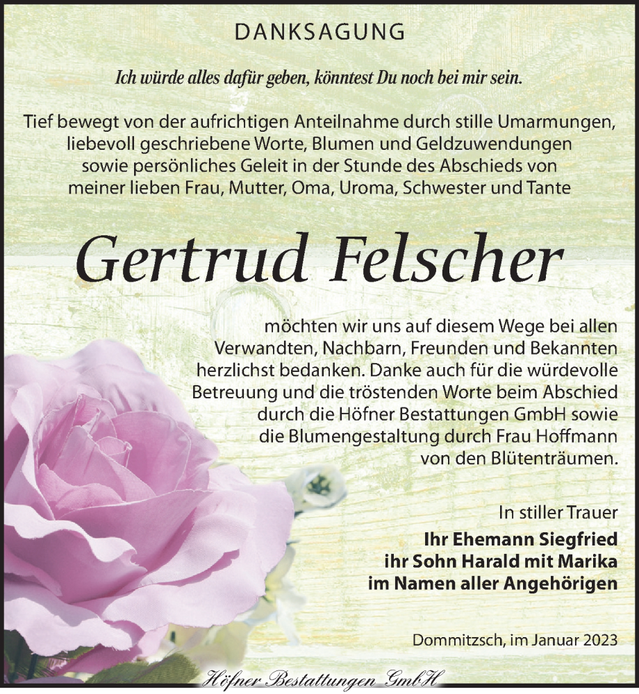  Traueranzeige für Gertrud Felscher vom 28.01.2023 aus Torgauer Zeitung