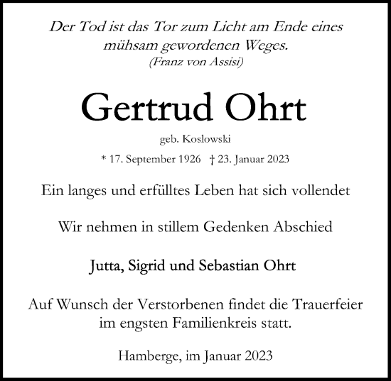 Traueranzeige von Gertrud Ohrt von Lübecker Nachrichten