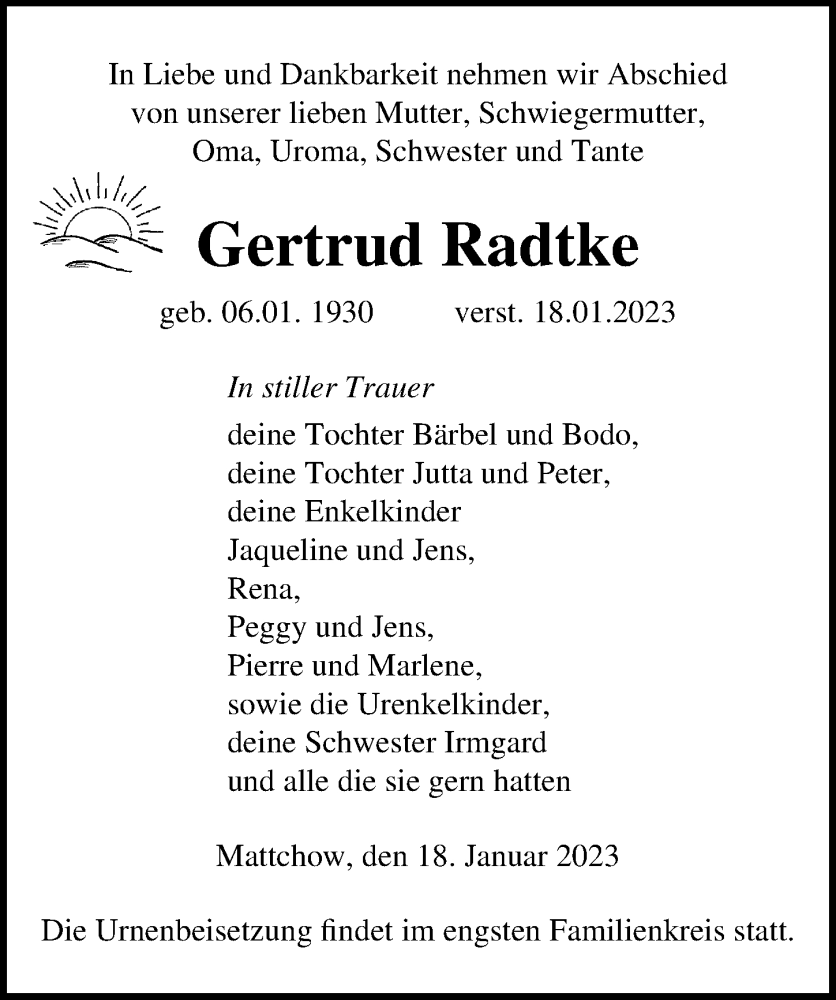  Traueranzeige für Gertrud Radtke vom 21.01.2023 aus Ostsee-Zeitung GmbH