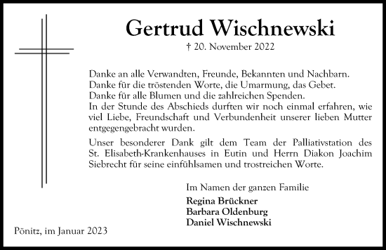 Traueranzeige von Gertrud Wischnewski von Lübecker Nachrichten
