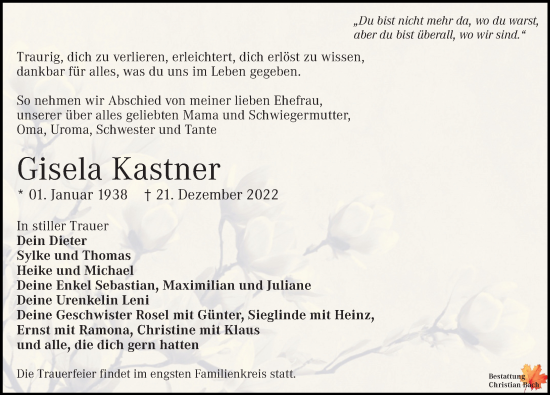 Traueranzeige von Gisela Kastner von Leipziger Volkszeitung