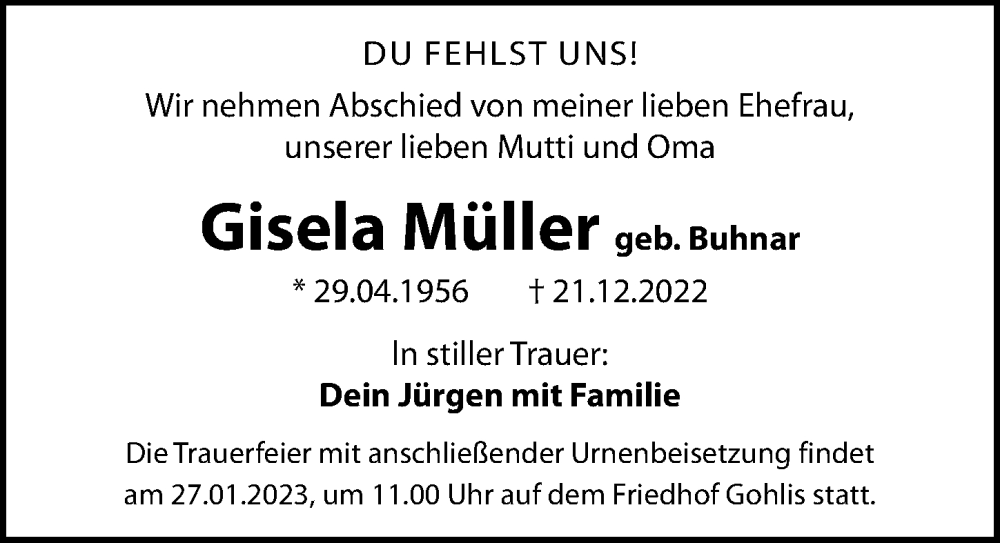  Traueranzeige für Gisela Müller vom 14.01.2023 aus Leipziger Volkszeitung