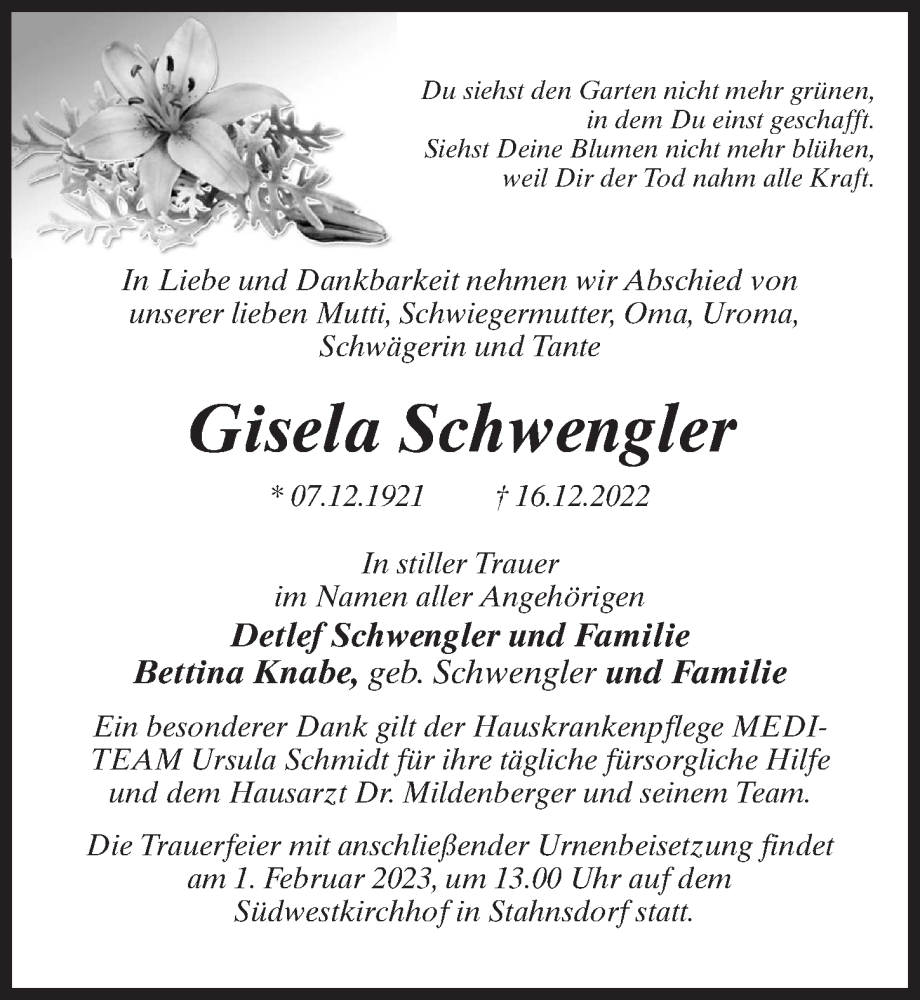  Traueranzeige für Gisela Schwengler vom 14.01.2023 aus Märkischen Allgemeine Zeitung