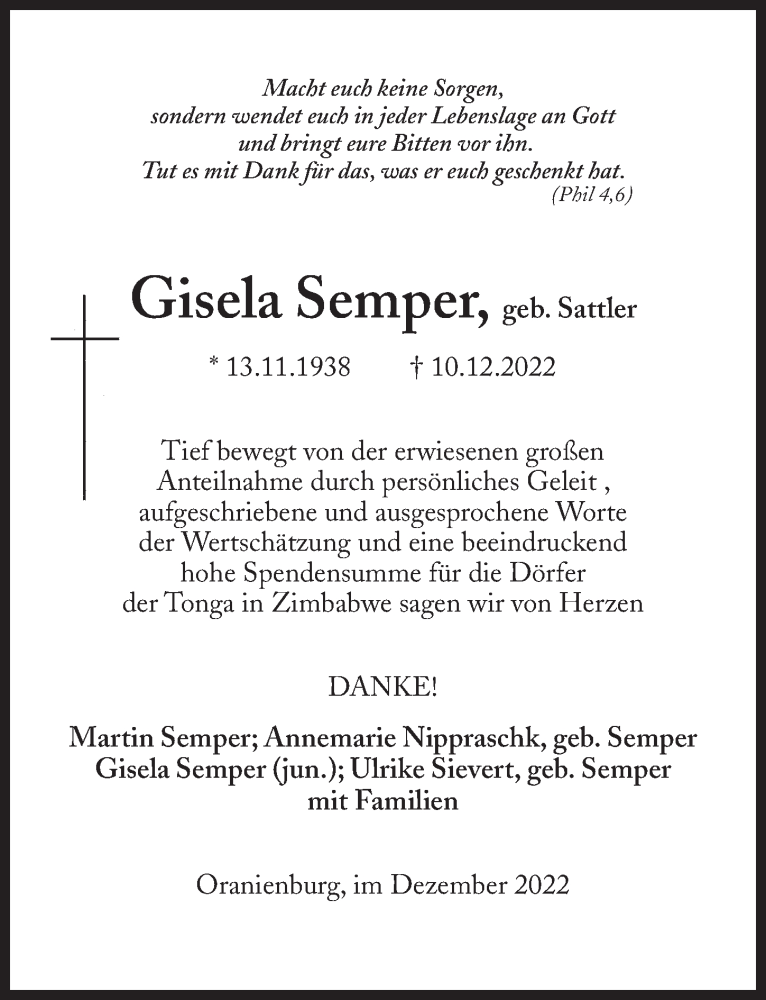  Traueranzeige für Gisela Semper vom 07.01.2023 aus Märkischen Allgemeine Zeitung