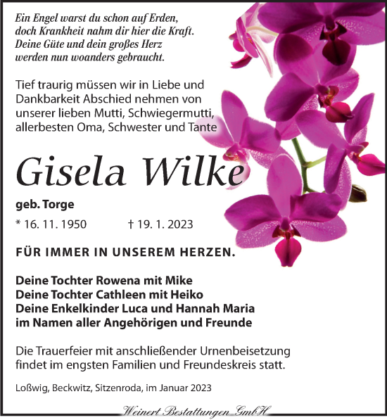 Traueranzeige von Gisela Wilke von Torgauer Zeitung