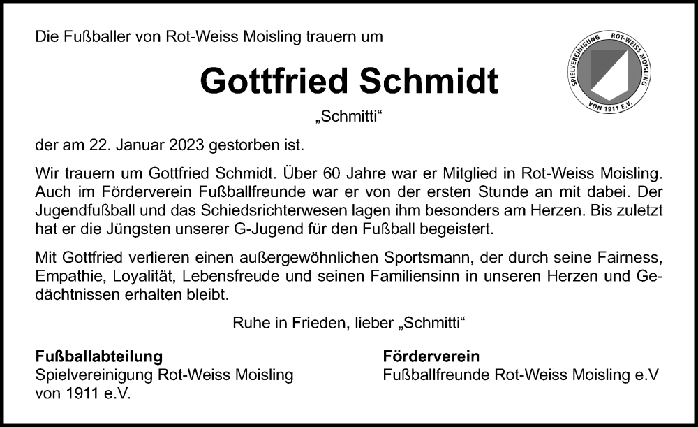  Traueranzeige für Gottfried Schmidt vom 29.01.2023 aus Lübecker Nachrichten