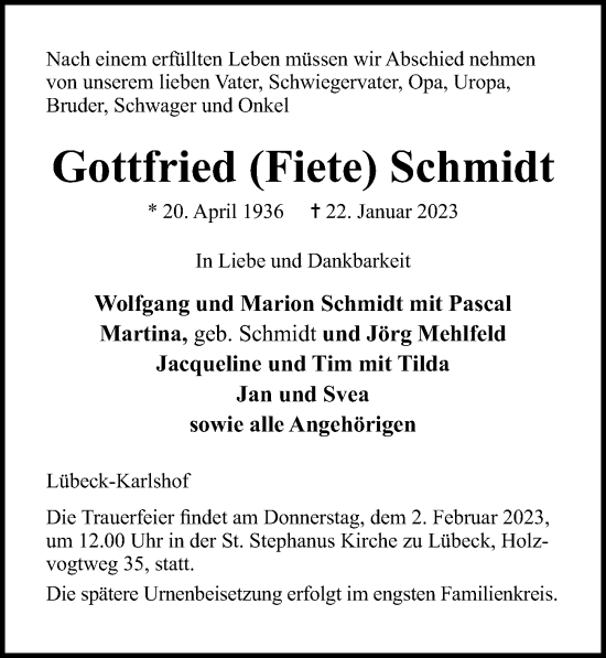 Traueranzeige von Gottfried Schmidt von Lübecker Nachrichten