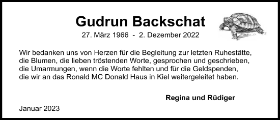 Traueranzeige von Gudrun Backschat von Kieler Nachrichten