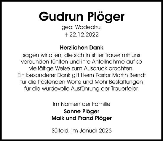 Traueranzeige von Gudrun Plöger von Aller Zeitung