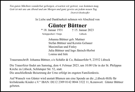 Traueranzeige von Günter Büttner von Lübecker Nachrichten