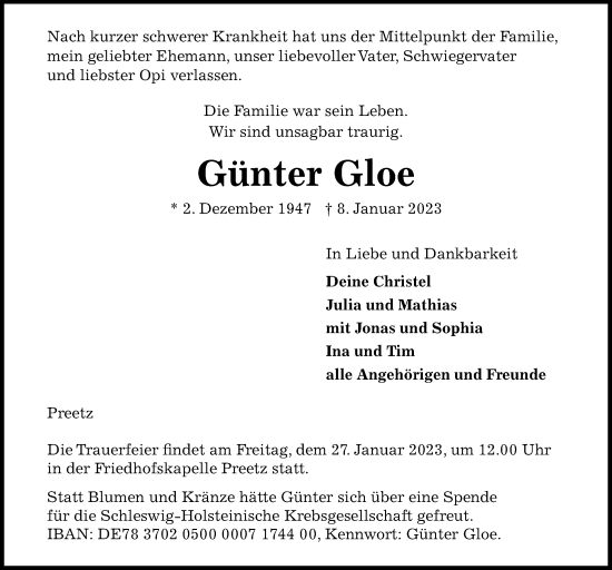 Traueranzeige von Günter Gloe von Kieler Nachrichten