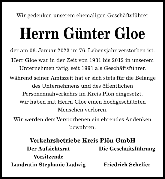 Traueranzeige von Günter Gloe von Kieler Nachrichten