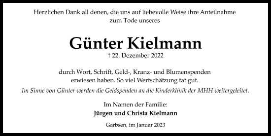 Traueranzeige von Günter Kielmann von Hannoversche Allgemeine Zeitung/Neue Presse