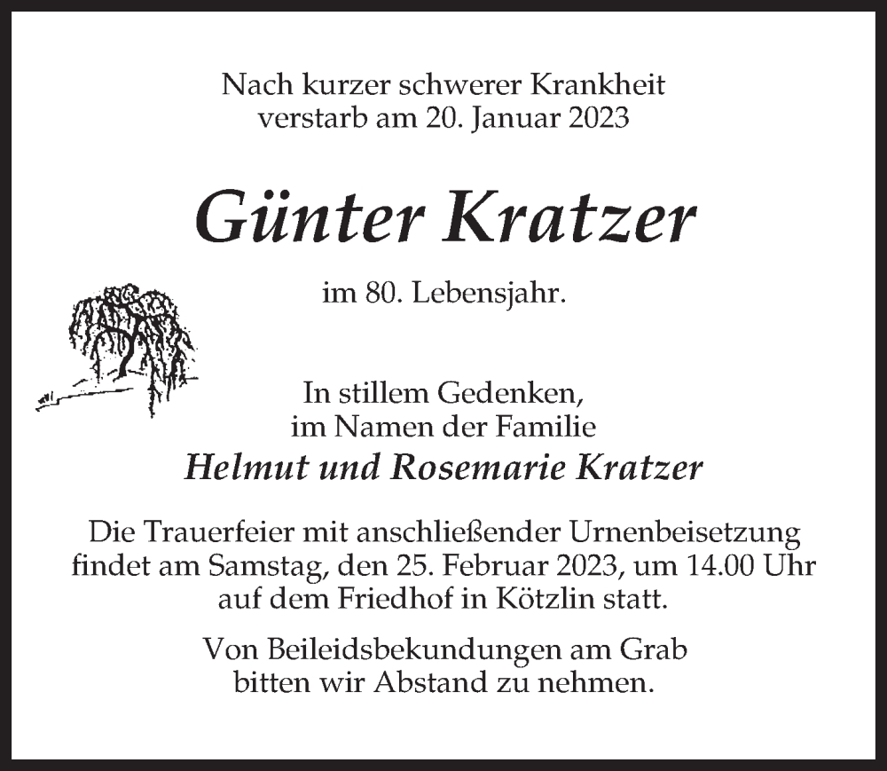  Traueranzeige für Günter Kratzer vom 28.01.2023 aus Märkischen Allgemeine Zeitung