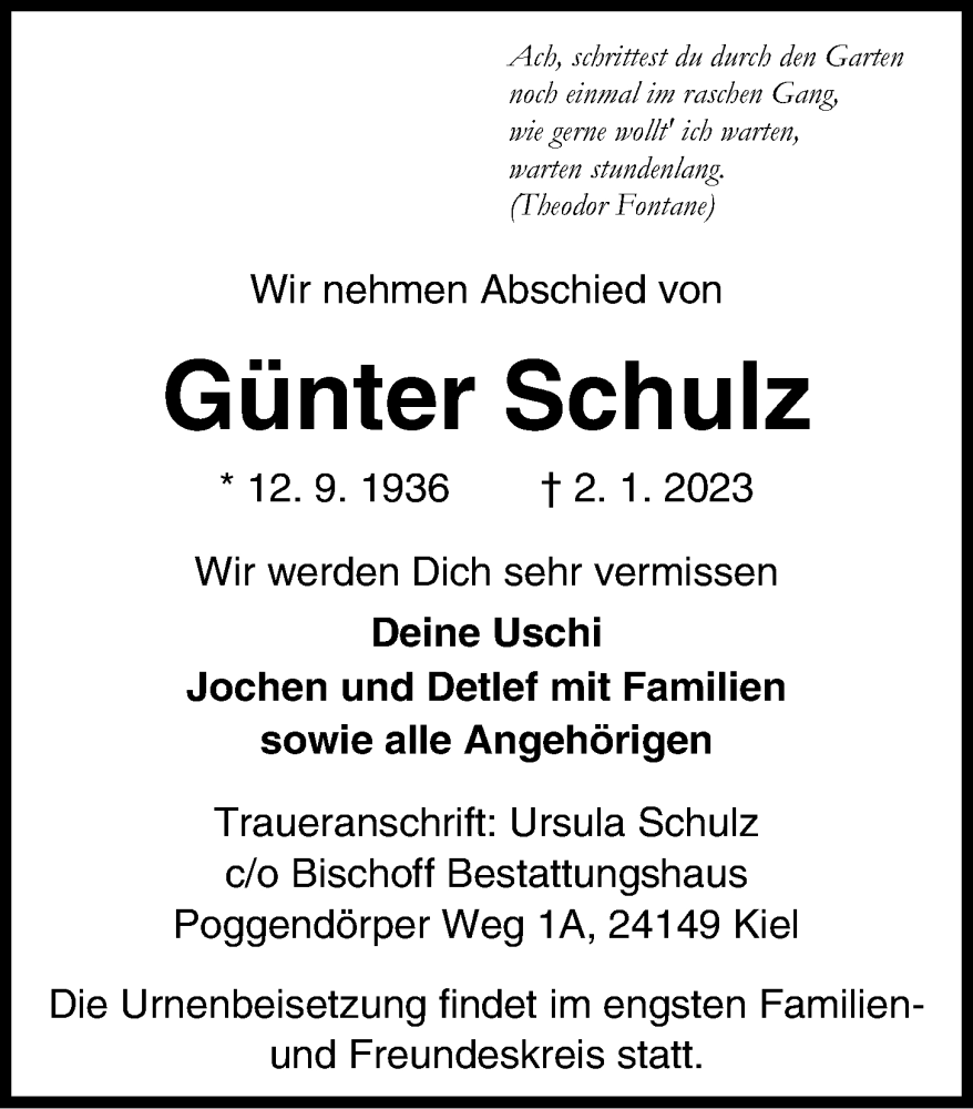  Traueranzeige für Günter Schulz vom 07.01.2023 aus Kieler Nachrichten
