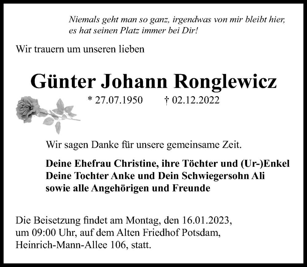  Traueranzeige für Günter Johann Ronglewicz vom 07.01.2023 aus Märkischen Allgemeine Zeitung