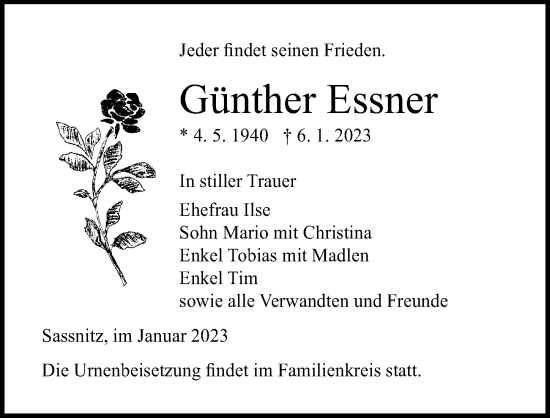 Traueranzeige von Günther Essner von Ostsee-Zeitung GmbH