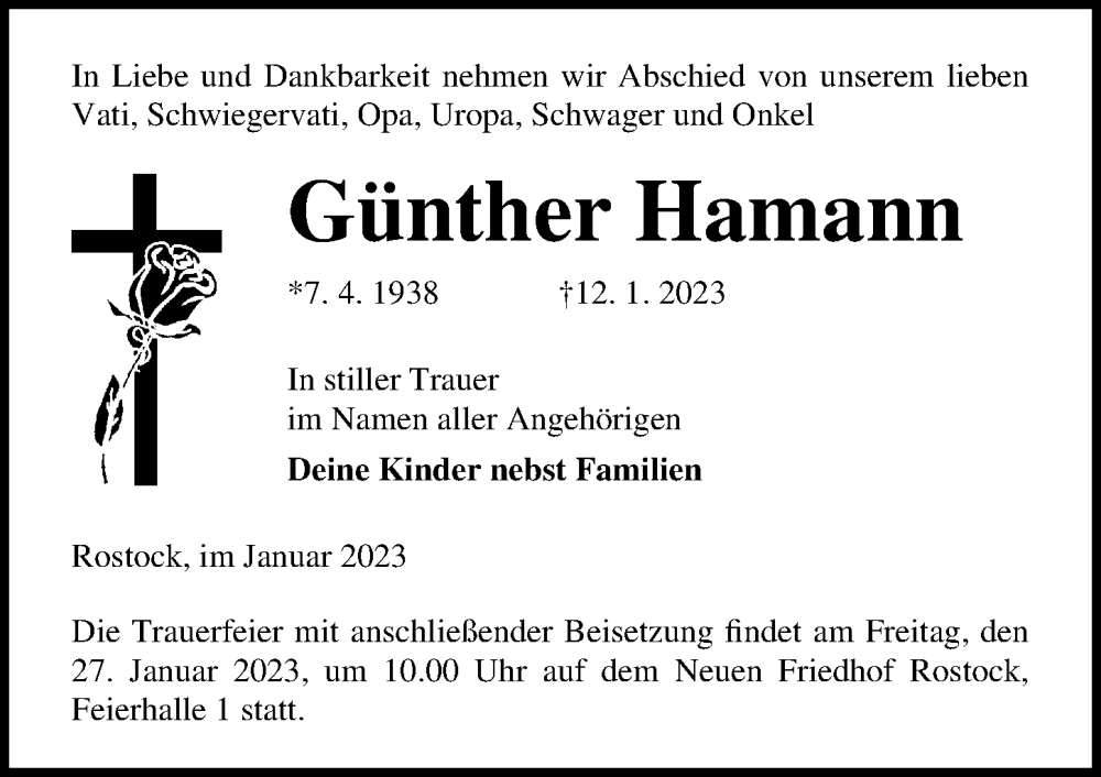  Traueranzeige für Günther Hamann vom 21.01.2023 aus Ostsee-Zeitung GmbH