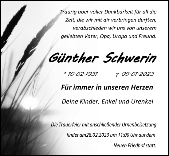 Traueranzeige von Günther Schwerin von Ostsee-Zeitung GmbH