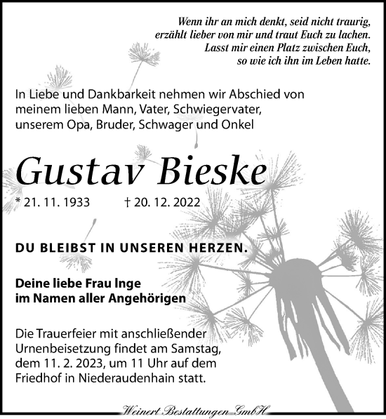 Traueranzeige von Gustav Bieske von Leipziger Volkszeitung