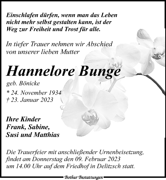 Traueranzeige von Hannelore Bunge von Leipziger Volkszeitung