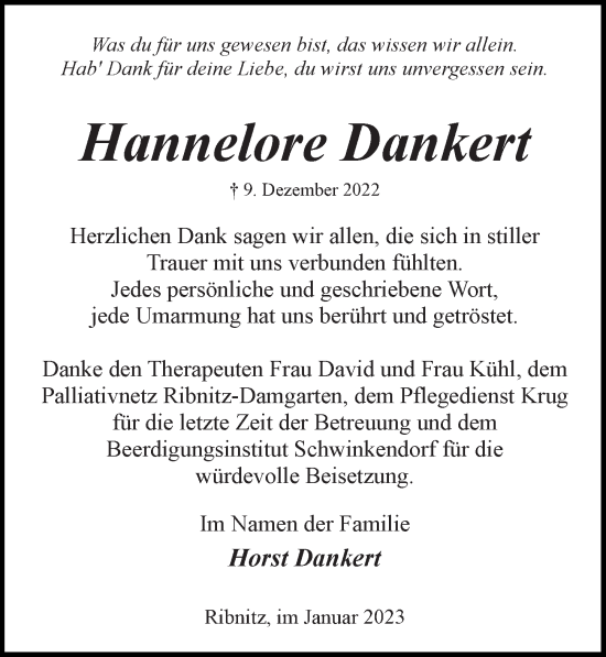 Traueranzeige von Hannelore Dankert von Ostsee-Zeitung GmbH