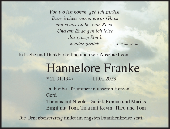 Traueranzeige von Hannelore Franke von Ostsee-Zeitung GmbH