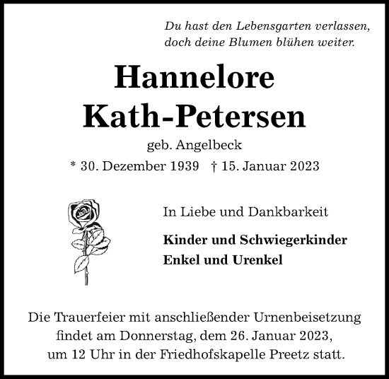 Traueranzeige von Hannelore Kath-Petersen von Kieler Nachrichten