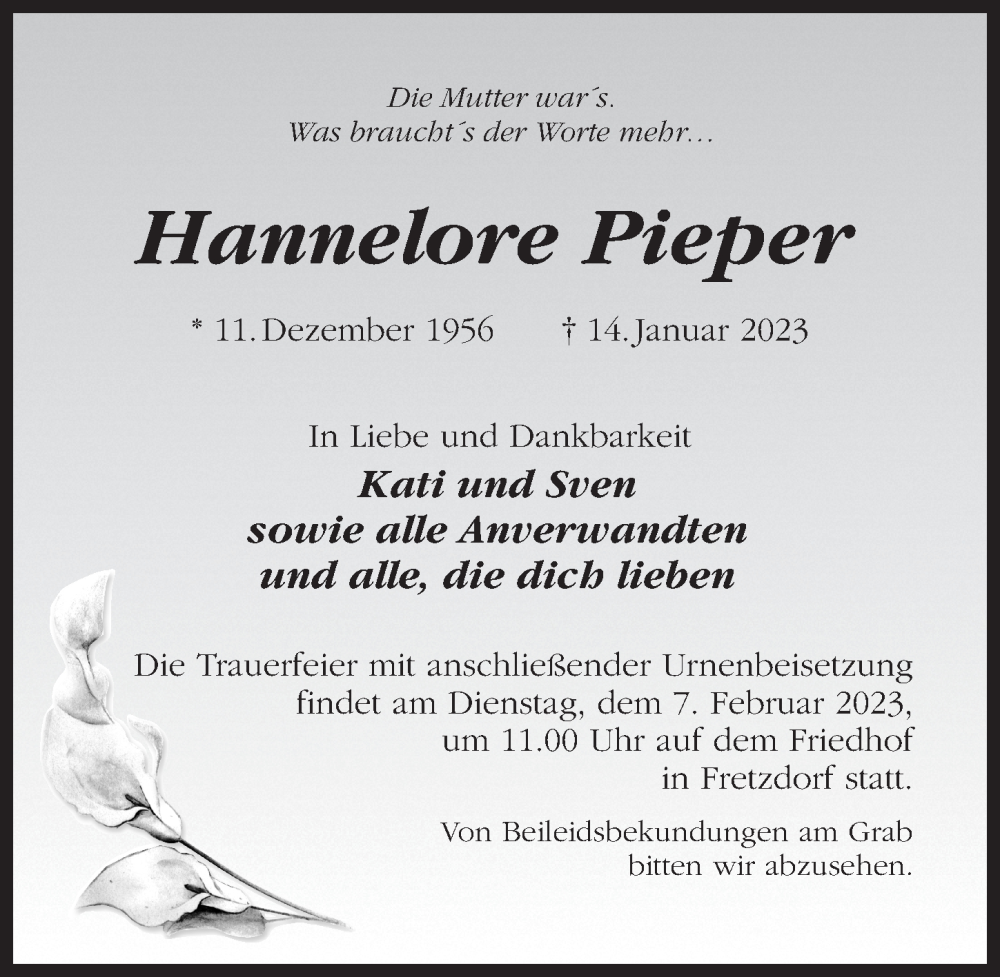  Traueranzeige für Hannelore Pieper vom 21.01.2023 aus Märkischen Allgemeine Zeitung