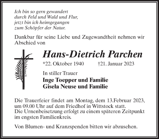 Traueranzeige von Hans-Dietrich Parchen von Märkischen Allgemeine Zeitung