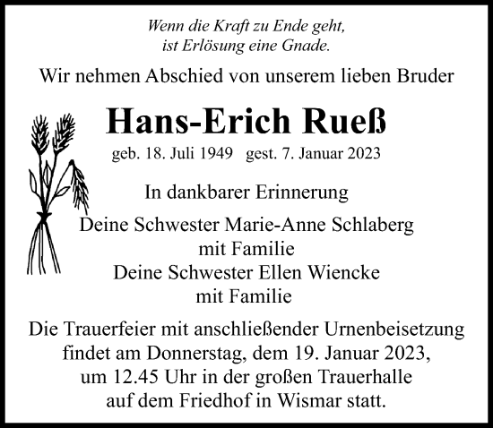 Traueranzeige von Hans-Erich Rueß von Ostsee-Zeitung GmbH