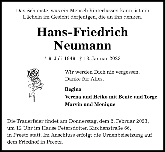 Traueranzeige von Hans-Friedrich Neumann von Kieler Nachrichten