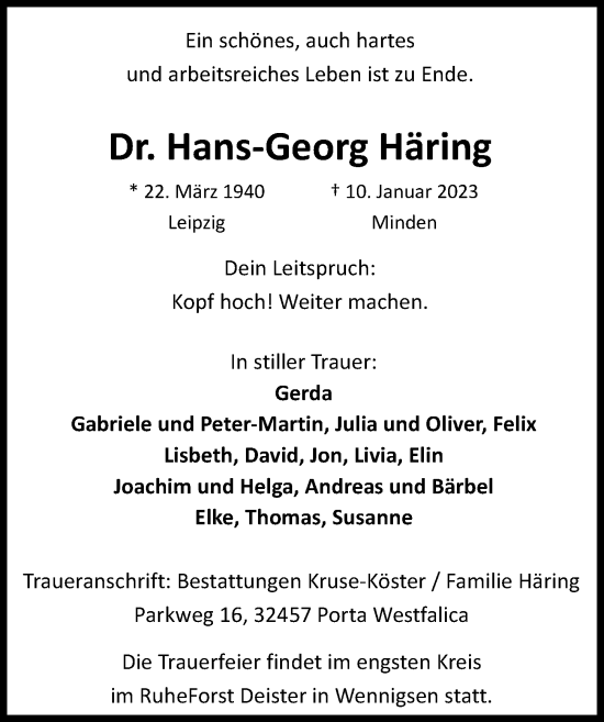 Traueranzeige von Hans-Georg Häring von Hannoversche Allgemeine Zeitung/Neue Presse