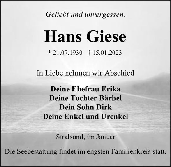 Traueranzeige von Hans Giese von Ostsee-Zeitung GmbH