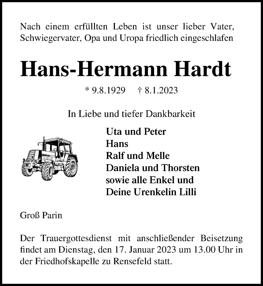  Traueranzeige für Hans-Hermann Hardt vom 15.01.2023 aus Lübecker Nachrichten