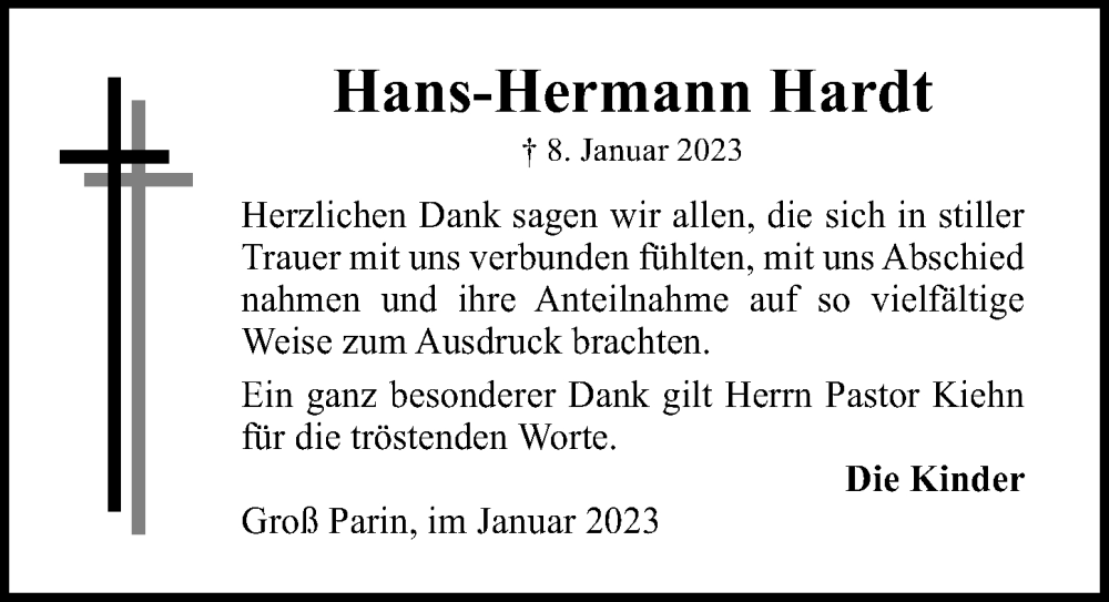  Traueranzeige für Hans-Hermann Hardt vom 29.01.2023 aus Lübecker Nachrichten