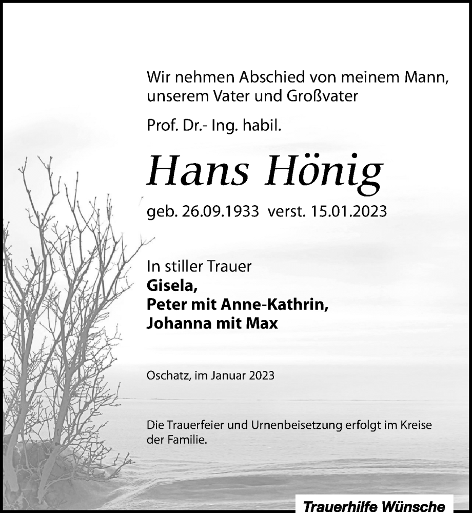  Traueranzeige für Hans Hönig vom 21.01.2023 aus Leipziger Volkszeitung