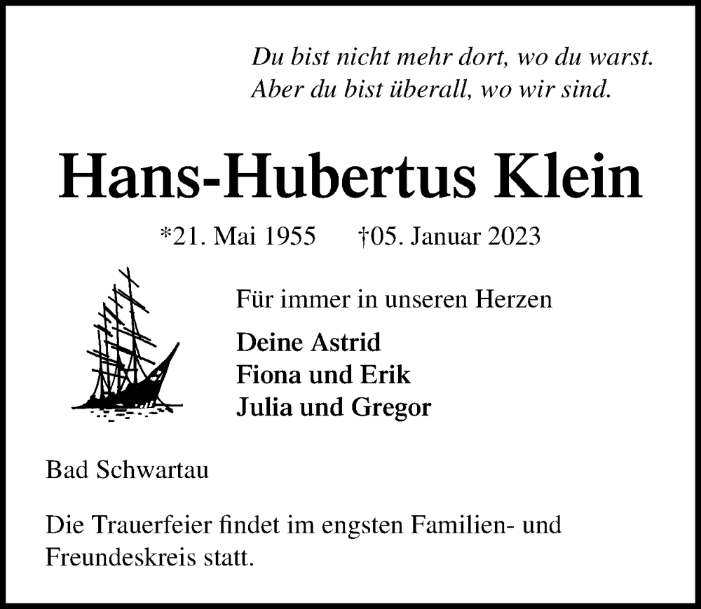  Traueranzeige für Hans-Hubertus Klein vom 22.01.2023 aus Lübecker Nachrichten