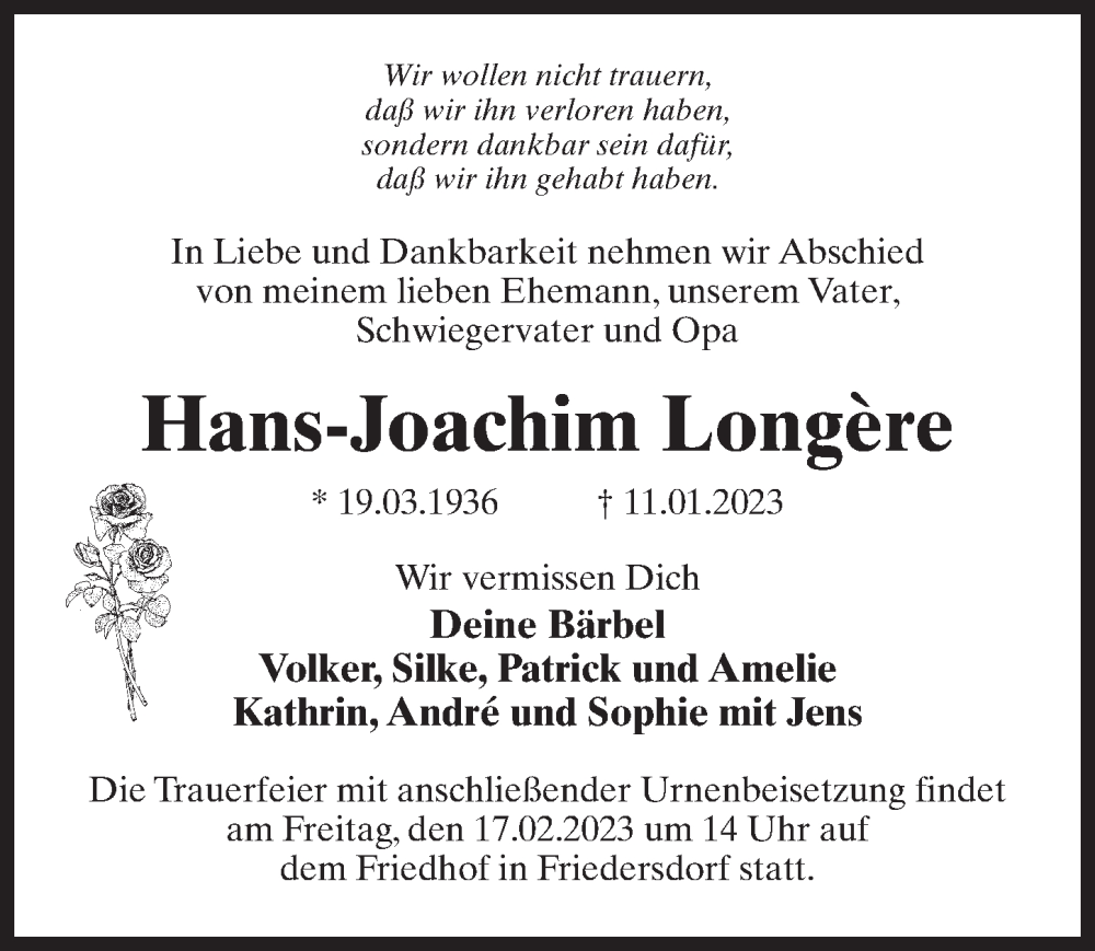  Traueranzeige für Hans-Joachim Longere vom 21.01.2023 aus Märkischen Allgemeine Zeitung